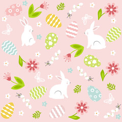 Cute easter seamless pattern with bunny, flowers, butterfly and eggs.