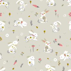 Soft Cute Cosmic Rabbits in Field with Carrots and Flowers Vector Seamless Pattern