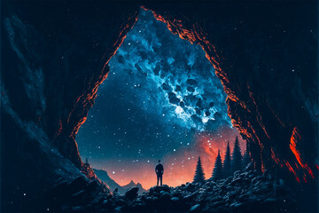 Looking at a night sky from a cave in a forest