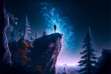 Man looking at a sky at night from a cliff