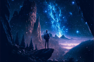 Man looking at space from a cliff