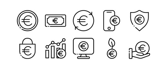 Financial management set icon. Hands holding euro money, coins, tax, internet banking, earn, currency, dollar sign. Business concept. Vector line icon on white background