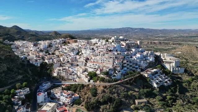 Mojacar White Village on Top of a Hill in Almeria, Andalusia, Spain - Aerial 4k Circling