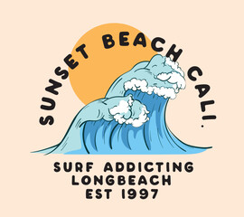 'sunset beach' text with wave illustration for t-shirt prints, posters and other uses.