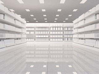 Interior of a supermarket with shelves for varied goods. 3d rendering illustration