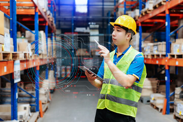 Asian Storage worker in uniform and notepad,digital tablet in hands checks production. warehouse concept.