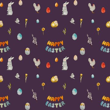 Easter title rabbit eggs violet watercolor pattern