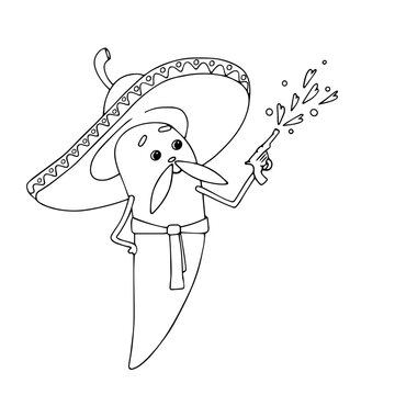 Funny character of Mexican national holiday Cinco de Mayo. The chili shoots out with festive confetti. Vector linear sketch, coloring book.