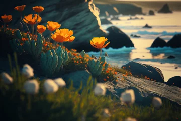Fotobehang A beautiful craggy coastline with California Poppies. Post-processed digital AI art  © Katynn