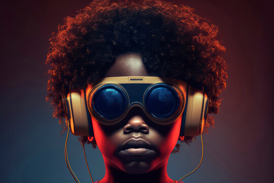 Generative AI illustration of a young black kid with afro hairstyle, wears VR virtual reality headset. Close-up portrait of a boy using technology.