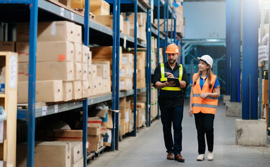 Warehouse manager wearing helmet pointing towards shelf in warehouse.