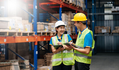 Two engineer in helmets team order details on tablet and notepad for checking goods in warehouse.