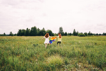Homosexual couple holding lgbt flag, rear view.