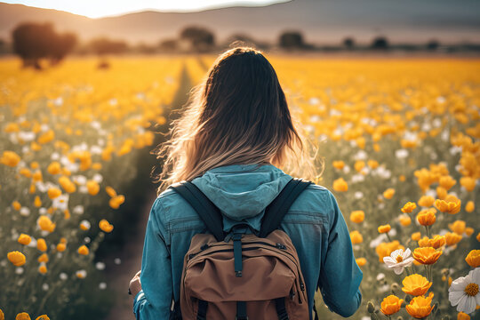 backside of young woman walking in a field of flowers, ai generated