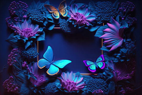 Tropical leaves, large exotic flowers and butterflies frame. Exotic botanical design for cosmetics, spa, perfume, beauty salon, travel agency, florist shop. Post-processed digital AI art	
