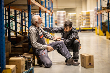 Warehouse situation, young worker comes to help senior worker, he got injured when carring heavy boxes