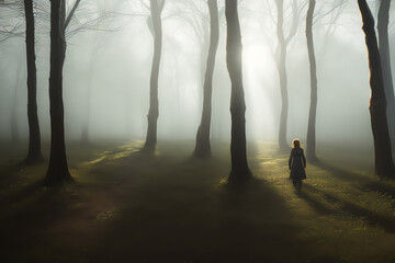 Fototapeta premium Person walking in a foggy forest at dusk - Generative AI