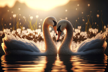 Swans in love on the lake at sunset. Forming heart shape. Valentine's day concept. Ai Generative