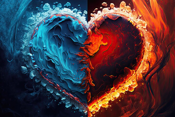Fire and Ice Heart. Contrast between good and bad. AI generated