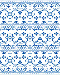 Scandinavian folk art outline vector seamless texttile or fabric print pattern, navy blue retro design with flowers 
