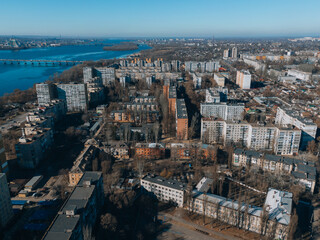 Top view of the left bank. Solnechny district, Dnipro, Ukraine. Residential houses, sleeping area. Panoramic view. Ukrainian city before the war.