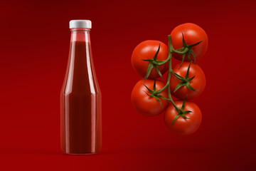 Tomato ketchup concept, a ketchup bottle with fresh, organic bunch of tomatoes on red background