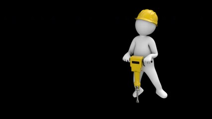 Builder stickman with jackhammer - 3d render looped with alpha channel.
