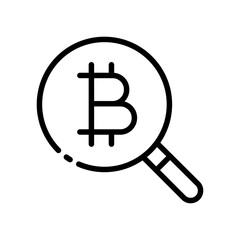 Bitcoin with magnifier line icon. Blockchain, settings, earnings on the stock exchange, cryptocurrency, analytics. Financial management concept. Vector line icon on white background