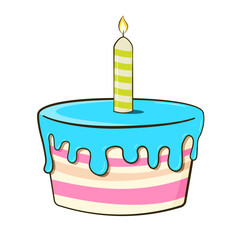 Birthday cake with candle. Cartoon. Vector illustration. Isolated on white background