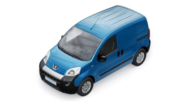 Paris, France. February 1, 2023. Dark blue Peugeot Bipper on a white background. A small commercial car-based delivery van for the narrow streets of old towns. Courier delivery of orders. 3d rendering