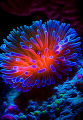 A fluorescent sea anemone in the depths of the sea. Ai generative.