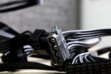 Closeup of Molex power cable isolated on blurred background