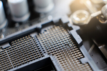 Close-up of 1155 computer motherboard. LGA 1155 socket for processor mount