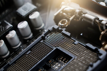 Close-up of 1155 computer motherboard. LGA 1155 socket for processor mount