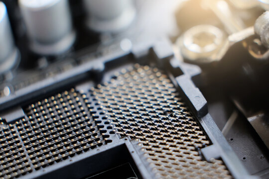 Close-up of 1155 computer motherboard. LGA 1155 socket for processor mount