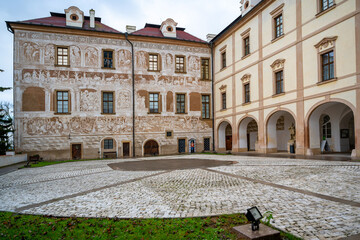 Fototapeta na wymiar Castle Benatky nad Jizerou, sgraffito on building, Czechia.