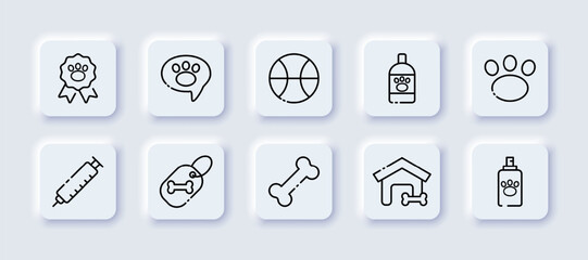 Pets neumorphic line icons set. Award, vaccination, animal show, booth, veterinary clinic, ball, toys, bottle, paw, tag, spray. animal concept. Vector neumorphic black line icons set