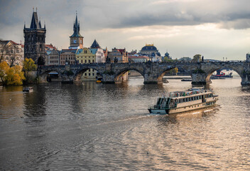 Fototapeta na wymiar Ancient Prague panorama, Vltava and boat, Prague.