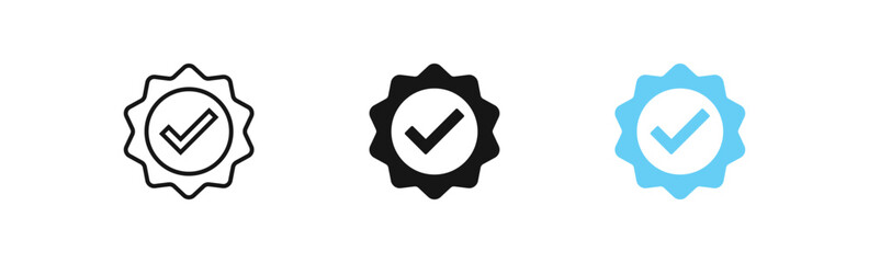 Quality icon. A certificate with check mark symbol. Guarantee signs. Stamp symbols. Approve icons. Black and blue color. Vector sign.