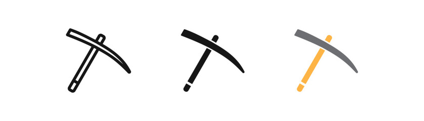 Pick axe icon. Miner symbol. Pickaxe signs. Work tool symbols. Archeology icons. Black and yellow color. Vector sign.
