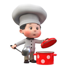 3D illustration the boy cooks with a saucepan and ladle
