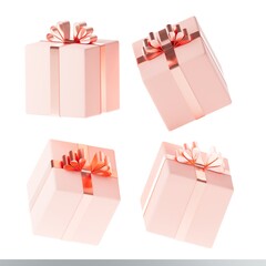 Different views of pink gift box with rose gold ribbon isolated on white background, 3D render