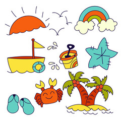 Set of big isolated hand drawn doodle for decoration in kid concept, colorful flat vector illustration