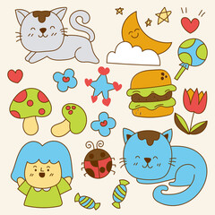 Set of big isolated hand drawn doodle for decoration in kid concept, colorful flat vector illustration