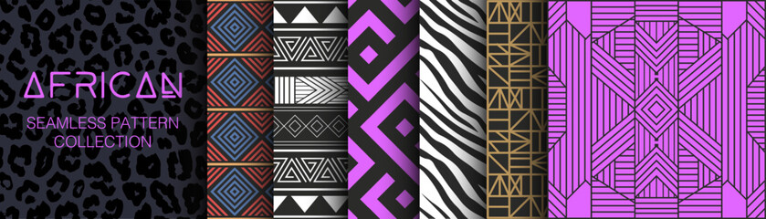 Collection of African Seamless Patterns. Geometry, textures and signs. Ethnic aesthetic and ornaments inspired by Africa. Tribal designs, folk artworks and native style graphics. Black culture. - obrazy, fototapety, plakaty