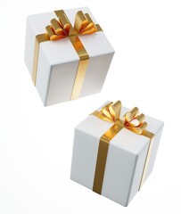 Different views of white gift box with gold ribbon isolated on white background, 3D render