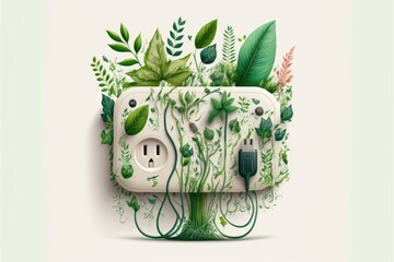Generative AI illustration of plug with green plants. Ecology concept, white background.