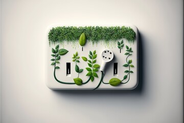 Generative AI illustration of plug with green plants. Ecology concept, white background.