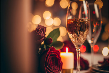 a special dinner by candlelight or Valentine's Day, with champagne, roses in a romantic setting