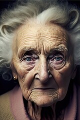 Generative AI illustration close up portrait of old woman with while hair, natural light, sharp, detailed face, magazine, press, photo